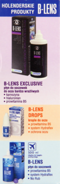 Reklama B-LENS prezentująca płyny do soczewek (Exclusive, 500ml) i krople do oczu Drops.