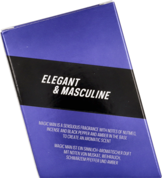 Opakowanie wody toaletowej Bruno Banani Magic Man, niebiesko-czarne, z napisem "ELEGANT & MASCULINE", widok z przodu pod kątem.
