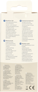Tył opakowania zestawu do manicure z opisem: 6 końcówek, 2 prędkości, obcinacz, baterie AAA. Informacje producenta.