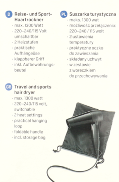 Czarna suszarka podróżna 1300W ze składaną rączką, częściowo w torbie, widok pod lekkim kątem.
