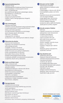 Wielojęzyczny opis maszynki do włosów na białej kartce, widoczne polski, niemiecki i angielski tekst.