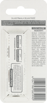 Tył opakowania Alterra pomadki do ust, z pełną listą składników, kodem kreskowym i instrukcjami segregacji odpadów.