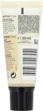 Tył tubki podkładu AFFINITONE 30ml, testowany dermatologicznie, dla wszystkich typów skóry.