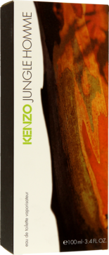 Opakowanie męskiej wody toaletowej Kenzo Jungle Homme 100ml. Beż, zielony napis, ciemny wzór dżungli.