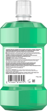 Tył zielonej butelki Listerine Fresh Burst Płyn do płukania ust, z białymi etykietami, kodem kreskowym i składem.