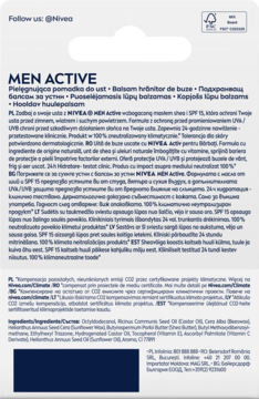 Tył białego opakowania balsamu NIVEA MEN Active do ust, z pełnym opisem produktu i składem.