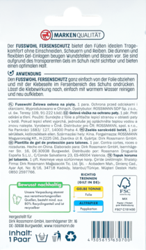 Tył opakowania Fusswohl Fersenschutz, żelowych wkładek do pięt, z niemieckimi instrukcjami i kodem kreskowym.