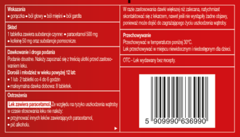 Tył czerwonego opakowania Gripex Control z widocznymi wskazaniami, składem, dawkowaniem oraz kodem kreskowym.
