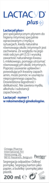 Tył opakowania Lactacyd plus+ płynu do higieny intymnej, 200 ml. Widoczne szczegółowe informacje o produkcie, pH 3.5.