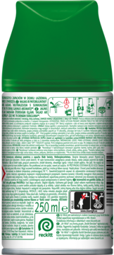 Tylna strona zielonego pojemnika Air Wick Freshmatic 250 ml, z polskimi napisami i symbolami ostrzegawczymi.