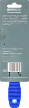 Tył opakowania niebieskiej szczotki do włosów. Widoczne informacje o produkcie, składzie i kod kreskowy.