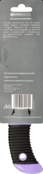 Tył szarego opakowania szczotki do włosów, z polskim opisem i kodem EAN. Widoczna fioletowo-czarna rączka.
