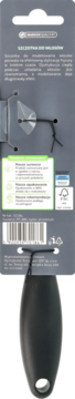 Tył szarego opakowania szczotki do włosów z opisem produktu, kodem kreskowym i widoczną czarną rączką.