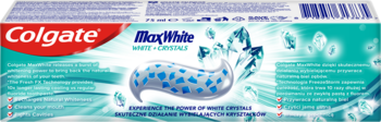 Kartonowe opakowanie pasty do zębów Colgate Max White White+Crystal, widok z góry, z grafiką pasty i niebieskich kryształów.