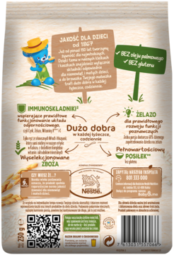 Tył opakowania kaszki mleczno-ryżowej 5 owoców Nestlé 230g, bez oleju palmowego, z opisem wartości odżywczych.