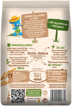 Tył beżowego opakowania kaszki Nestle dla dzieci, z informacjami o składnikach, bez glutenu i oleju palmowego.