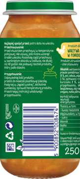 Tył słoiczka BoboVita warzywa z kurczakiem w pomidorach, zielona etykieta z kodem kreskowym.