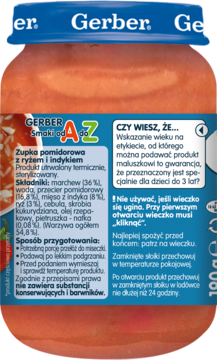 GERBER ,zupka pomidorowa z ryżem i indykiem po 8 m-cu,tył