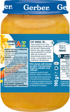 Tył słoiczka Gerber Smaki AZ: obiadek dla niemowląt, warzywa, cielęcina, makaron, 190g, polska etykieta.