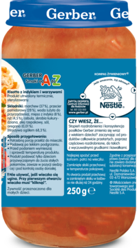 Tył słoika Gerber Risotto z indykiem i warzywami, niebieska etykieta z tekstem i składem, 250 g.