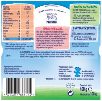 Tył opakowania Nestlé Yogolino deserek mleczno-owocowy jagoda, z czytelną tabelą wartości odżywczych.