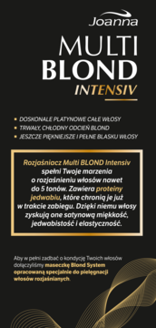 Pionowa grafika Joanna Multi BLOND Intensiv, rozjaśniacz, czarne tło, złote napisy, efekt do 5 tonów.