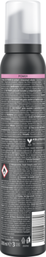 Tył czarnego lakieru Schwarzkopf Taft Power Cashmere 250ml, z różowym paskiem "POWER" i symbolami ostrzegawczymi.