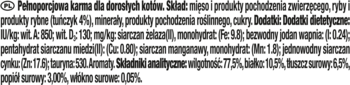 Niewyraźne zbliżenie na skład i wartości odżywcze karmy dla dorosłych kotów GOURMET™ Gold Mus z tuńczykiem.
