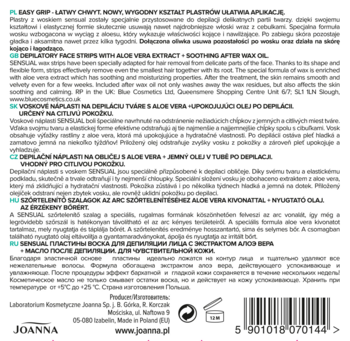 JOANNA Sensual ,plastry do depilacji twarzy z woskiem i z aloesem, skóra wrażliwa,tył