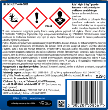 Tył opakowania Raid Night & Day elektrofumigatora z piktogramami ostrzegawczymi, instrukcją i kodem kreskowym.