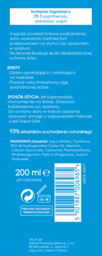 Tył niebieskiej butelki łagodzącego żelu po opalaniu Ziaja Sopot Sun z opisem i listą składników.