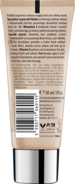 Tył beżowej tubki matującego podkładu do twarzy 30ml z opisem w języku polskim i angielskim, logo PETA.