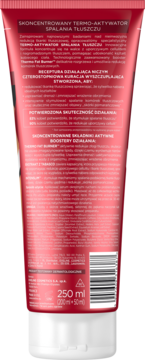 Tył czerwono-białej tubki Eveline Thermo-active Serum Wyszczuplające, z opisem składu i kodem kreskowym.