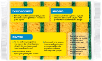 Zmywak kuchenny JAN Niezbędny do naczyń, żółto-zielony, dwustronny, w przezroczystym opakowaniu.