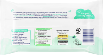 Tył opakowania chusteczek nawilżanych Babydream bez zapachu, z tekstem o aloesie i wrażliwej skórze.