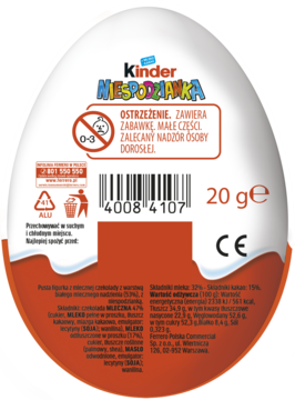 KINDER Niespodzianka ,jajko z niespodzianką, pokryte czekoladą mleczną,tył