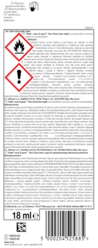 Tył opakowania Glade Sense & Spray 18 ml, odświeżacz powietrza Czysta Świeżość, z piktogramami ostrzegawczymi.