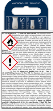 Tył zapasu Glade Sense & Spray Pure Clean Linen. Białe opakowanie z symbolami ostrzegawczymi, ikony zgodności.