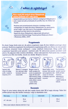 Ulotka informacyjna Babydream napój dla dzieci, od 1. roku życia, z instrukcją przygotowania i dawkowania.