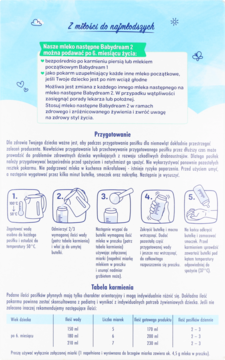 Niebieska ulotka Babydream 2 mleka następnego w proszku: instrukcje przygotowania i tabela karmienia.