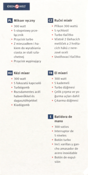 Karta produktu: mikser ręczny 300W z turbo, 5 prędkości, końcówki. Widok informacji technicznych.