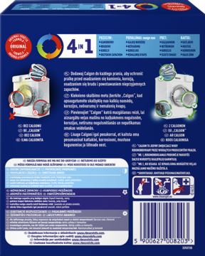 Tył opakowania Calgon 4-w-1 proszku do pralki, ciemnoniebieski karton, z instrukcjami i grafikami działania antykamień.