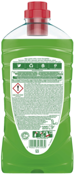 Tylny widok zielonego płynu uniwersalnego Ajax Floral Fiesta 1L. Etykieta z info o składnikach roślinnych i recyklingu.