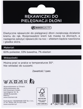 Tył czarnego opakowania elastycznych rękawiczek do pielęgnacji dłoni z białym tekstem; poliester, bawełna, na noc.