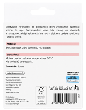 Tył opakowania rękawiczek Rossmann do pielęgnacji dłoni, z informacjami o składzie materiału i praniu w 30°C.