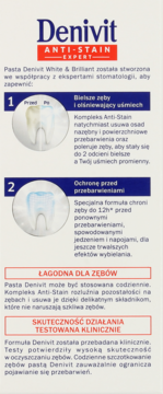 Biała ulotka pasty Denivit Anti-Stain Expert: bielsze zęby, ochrona przed przebarwieniami, łagodna formuła.