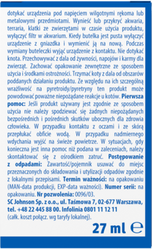 Raid elektrofumigator, tył niebiesko-białej etykiety płynu owadobójczego z polskim tekstem, 27 ml.