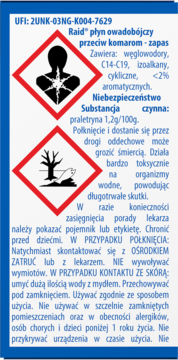 Etykieta płynu owadobójczego Raid przeciw komarom z praletryną. Piktogramy: zagrożenie zdrowia, środowiska.