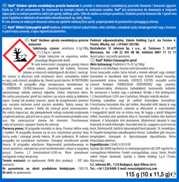 Ulotka Raid Outdoor spirala przeciw komarom 115g z ostrzeżeniem środowiskowym, pełny tekst informacyjny.