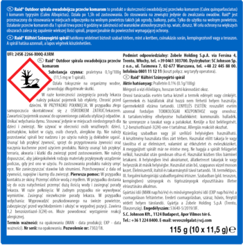 Biała etykieta Raid Spiral przeciw komarom z symbolem ostrzegawczym i szczegółowymi informacjami o produkcie.